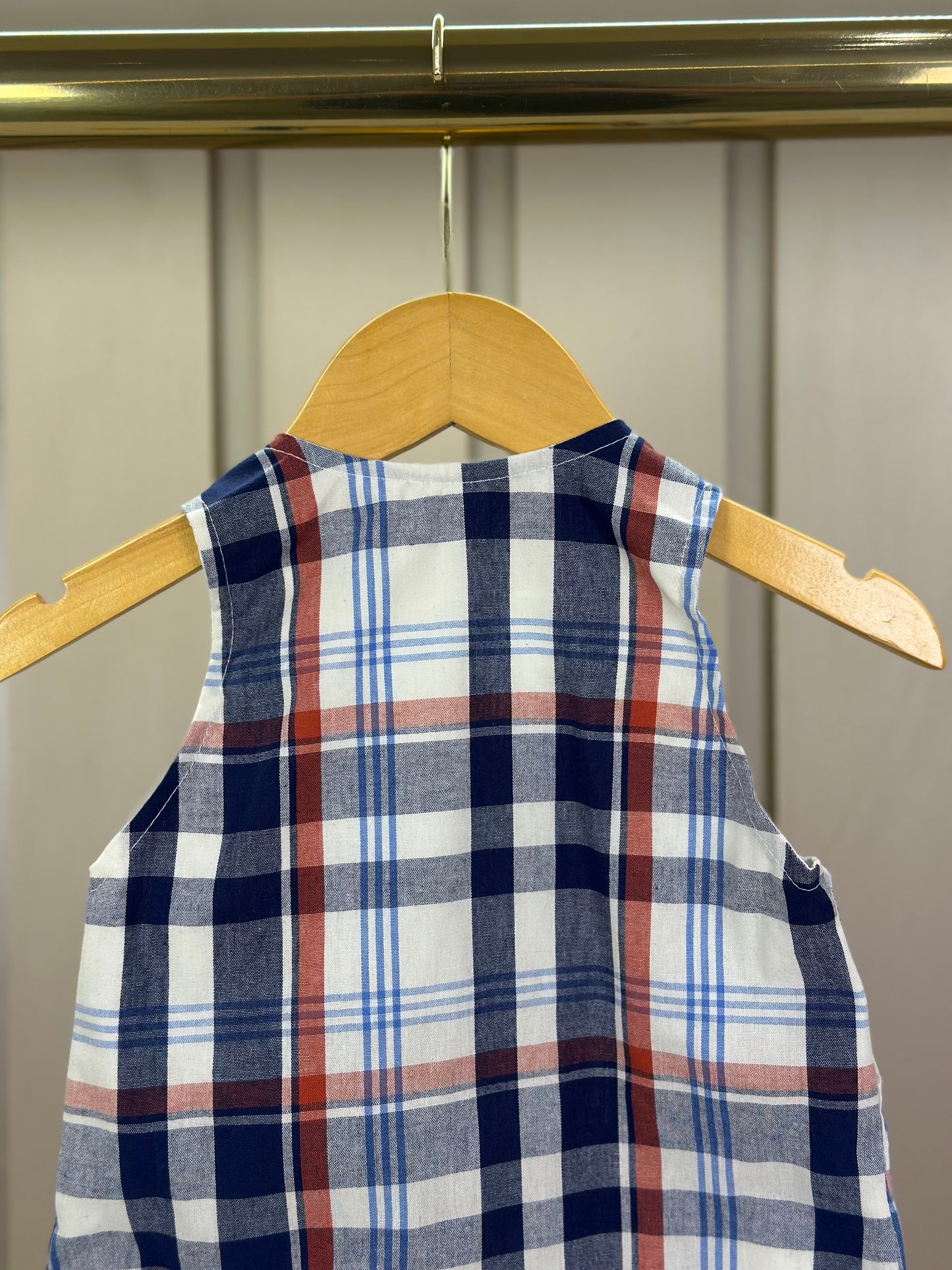 Romper Bebê Fofinho Tricoline Xadrez Fio Tinto Azul - Um Mais Um