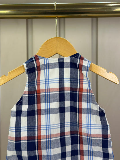 Romper Bebê Fofinho Tricoline Xadrez Fio Tinto Azul - Um Mais Um