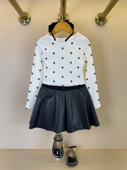 Conjunto Infantil Blusa ML Poás Cachorrinho Lacinhos Cristais e Saia Evasê Couro Tech Preta - Pituchinhus