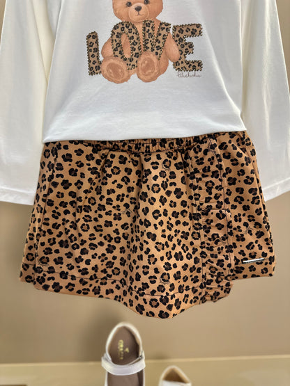 Conjunto Infantil Blusa Ursinha Love e Saia-shorts  Sarja Babadinho Oncinha - Pituchinhus