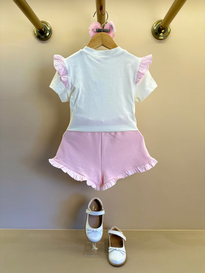 Conjunto Infantil Blusa Algodão Cotton Floral  Strass e Shorts Moletocotton Babadinho Rosa - Luluzinha