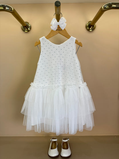 Vestido Infantil Trapézio Tule Strass Babados Off - Petit Cherie