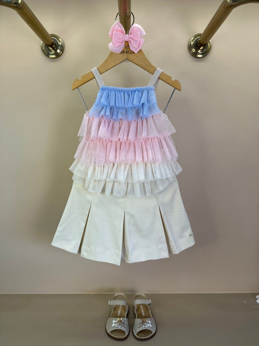 Conjunto Infantil Festinha Blusa Tule e Saia Sarja Bege - Petit Cherie