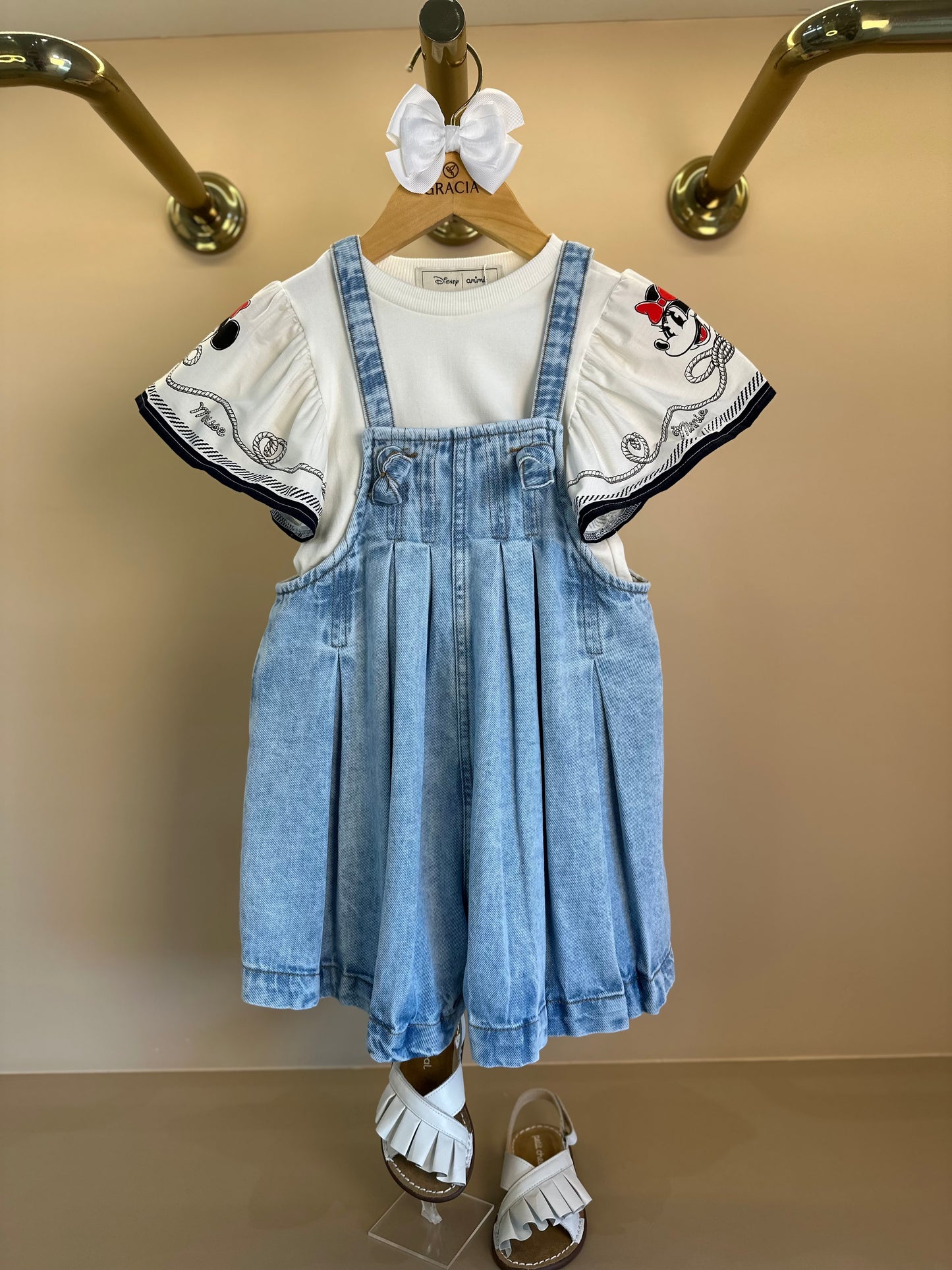 Conjunto Infantil Jardineira Jeans com Blusa Mangas Amplas Minnie Navy - Animê