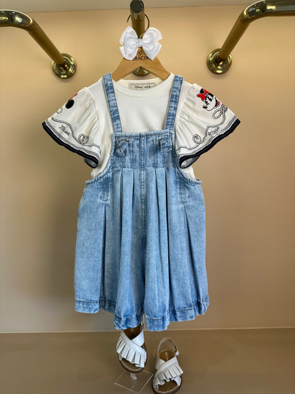 Conjunto Infantil Jardineira Jeans com Blusa Mangas Amplas Minnie Navy - Animê