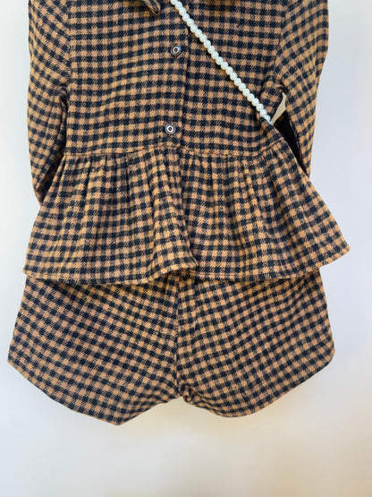 Conjunto Infantil Alfaiataria Casaquinho e Shorts Xadrez com Bolsinha Ursinho - Luluzinha