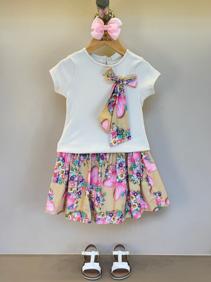 Conjunto Infantil Blusa Com Laço Minnie Flores e Saia Estampada Minnie Flores - Animê