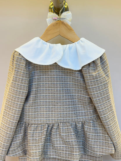 Vestido Infantil no Tweed com Casaco Tweed Bege - Animê
