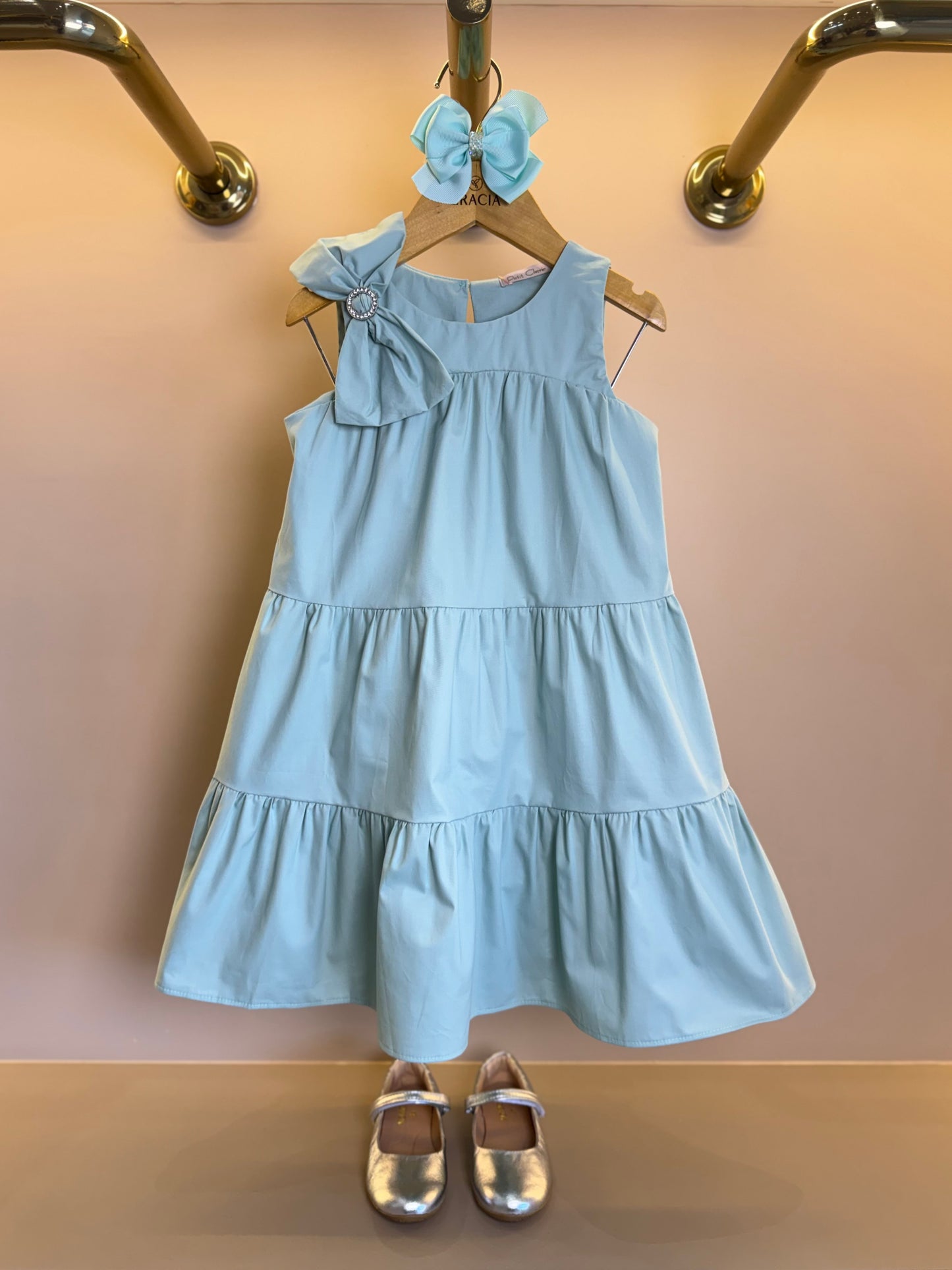 Vestido Infantil Algodão Camadas Laço Strass Ombro Verde - Petit Cherie