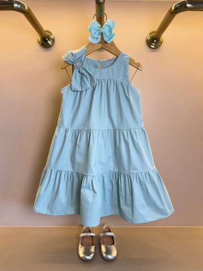 Vestido Infantil Algodão Camadas Laço Strass Ombro Verde - Petit Cherie