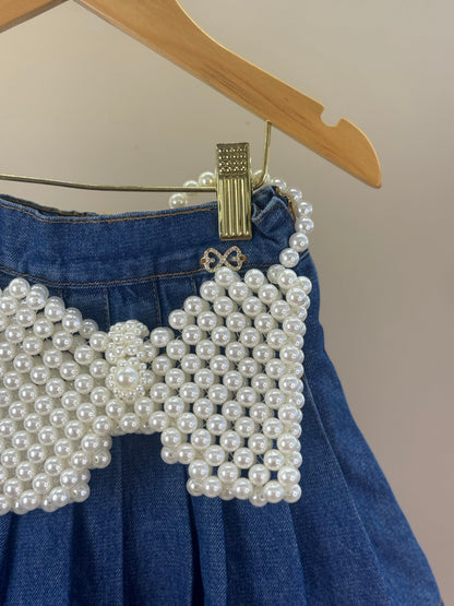 Saia-shorts Infantil Jeans Pochete Laço Pérolas - Luluzinha
