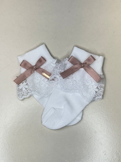 Meia Infantil Clássica Renda Lacinho Rosa Seco - Roana