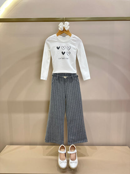 Conjunto Infantil Blusa ML em Cotton Off White e Calça em Malha Listrada - Infanti