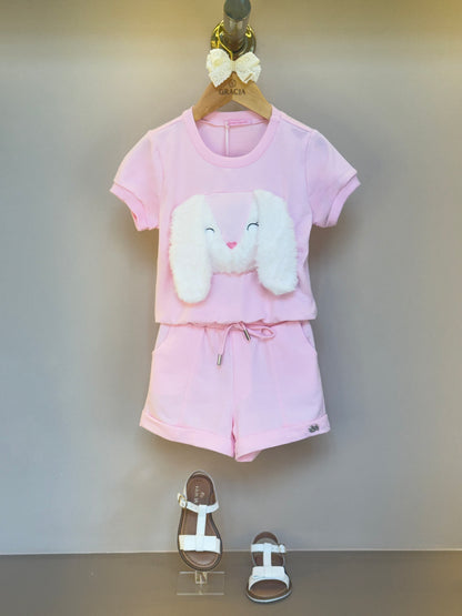 Conjunto Infantil Moletinho Comfy Blusa e Short Coelho 3D Rosa - Gabriela Aquarela