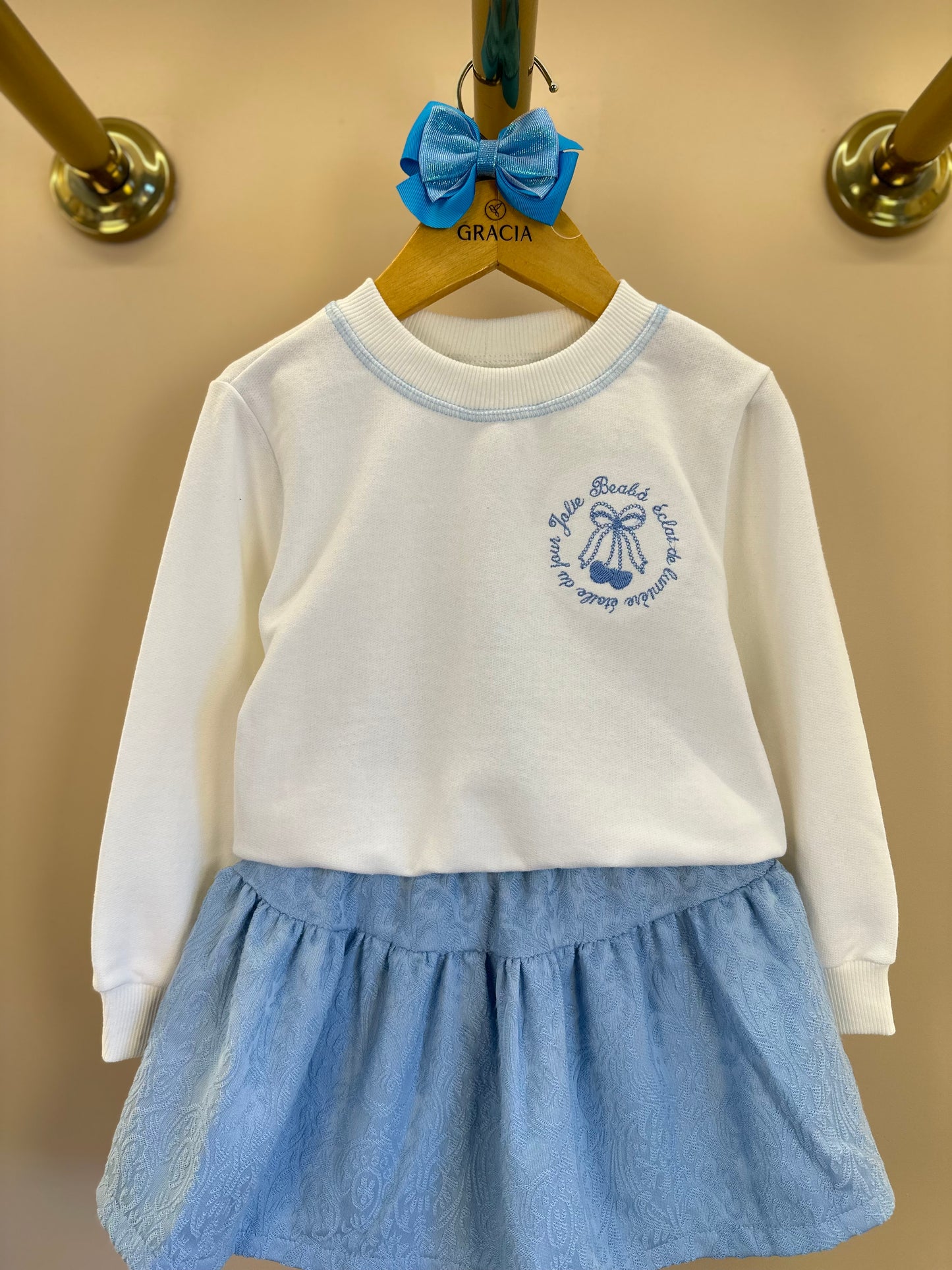 Conjunto Infantil Blusa Moletom ML Bordado e Saia Alfaiataria Jacquard Azul Claro - Beabá