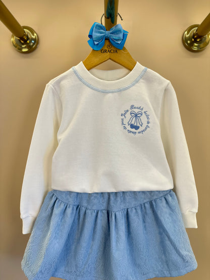 Conjunto Infantil Blusa Moletom ML Bordado e Saia Alfaiataria Jacquard Azul Claro - Beabá