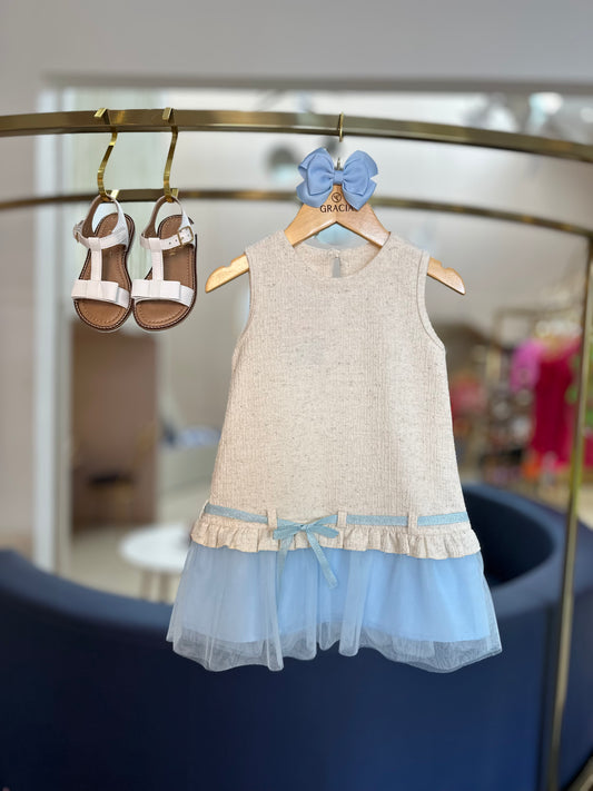 Vestido Infantil Jumper Tweed de Algodão Laço e Babado Azul - Beabá