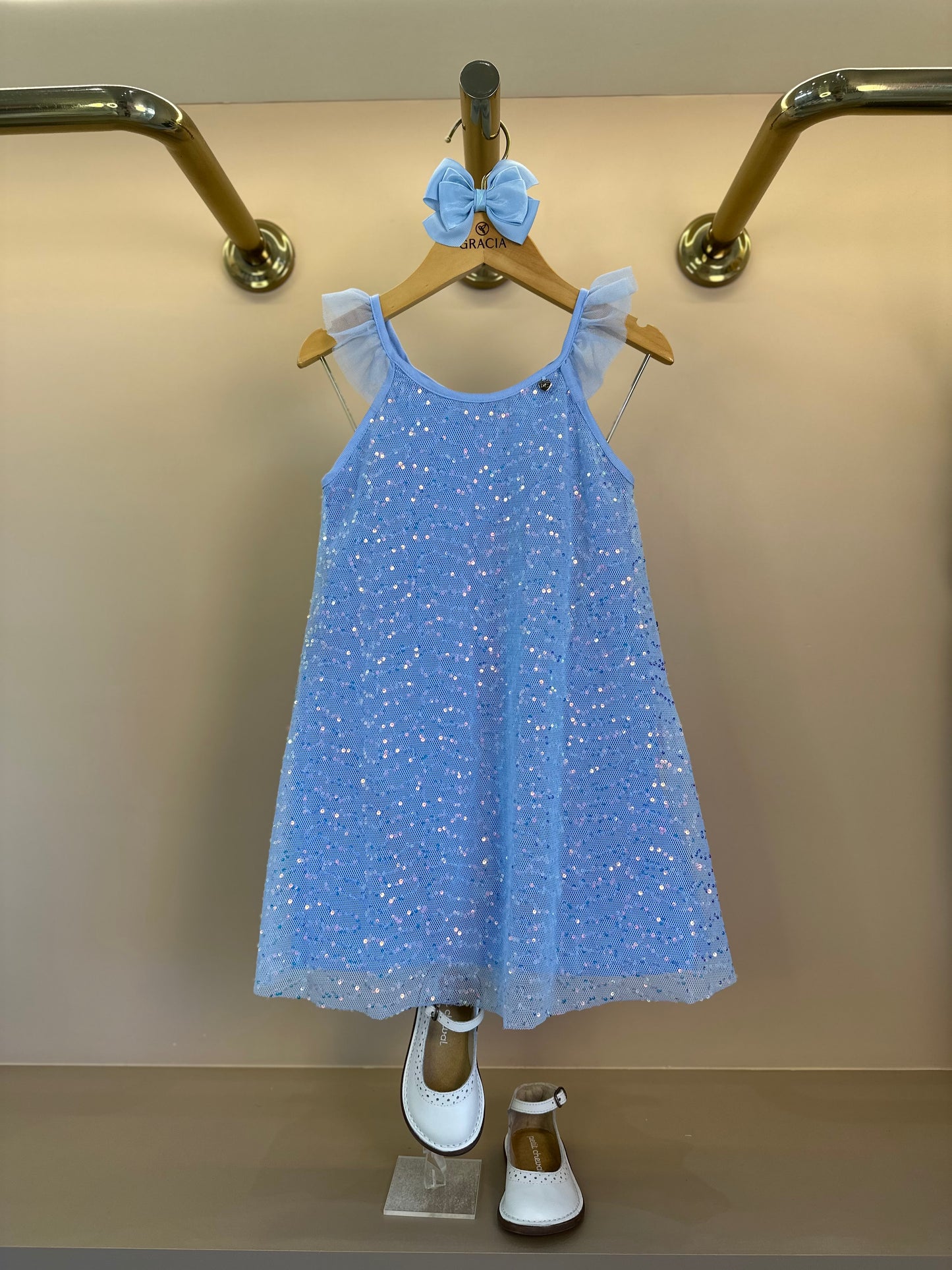 Vestido Infantil Trapézio Tule Paetês Blue - Petit Cherie