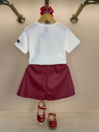 Conjunto Infantil Blusa Hello Kitty Strass e Saia Infantil Couro Tech Recortes Cramberry - Momi