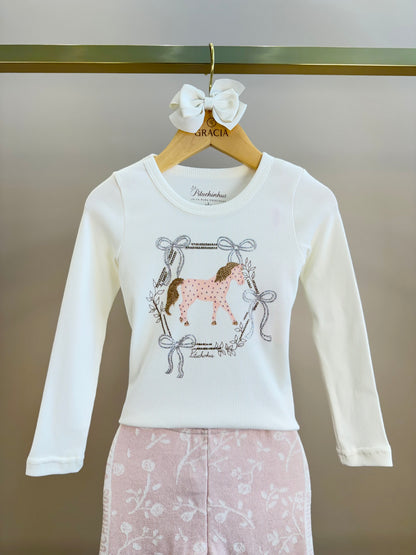 Conjunto Infantil Blusa Off White Cavalinho Cristal E Legging Tricot Floral Rosa - Pituchinhus