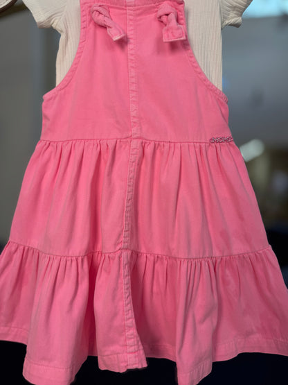 Conjunto Infantil Salopete Sarja Rosa Fluor com Blusa Canelada Off - Momi
