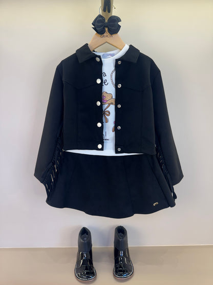 Conjunto Infantil Blusa Rodeio com Jaqueta Franjas e Saia Suede Preta - Momi