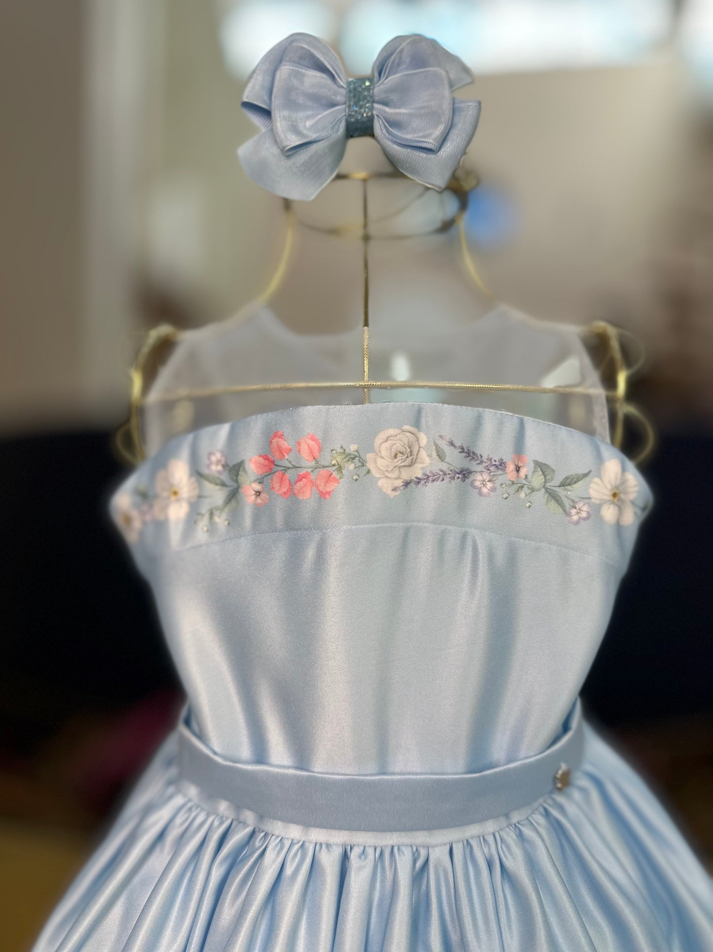 Vestido Infantil Festa Tule Azul Flores - Petit Cherie