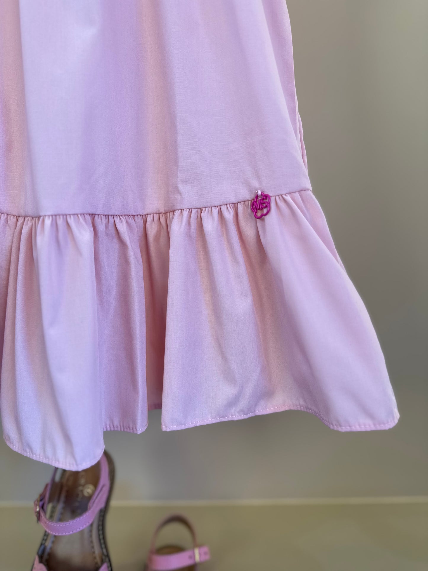 Vestido Infantil Trapézio Flores e Babado Rosa - Mon Sucré