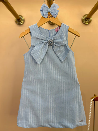 Vestido Infantil Trapézio Laço Bordado Azul - Luluzinha
