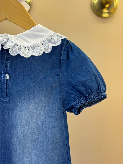 Vestido Infantil Jeans Gola Babadinho Bordado Laço - Gabriela Aquarela