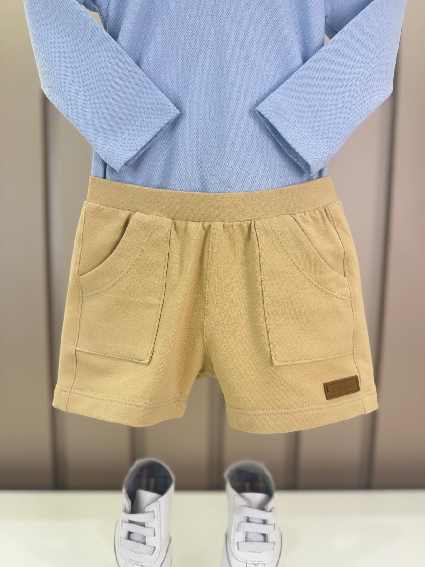Conjunto Bebê Polo-Body Piquet Algodão ML Azul e Bermuda Moletom Algodão Bege - Dame