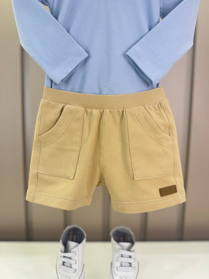 Conjunto Bebê Polo-Body Piquet Algodão ML Azul e Bermuda Moletom Algodão Bege - Dame