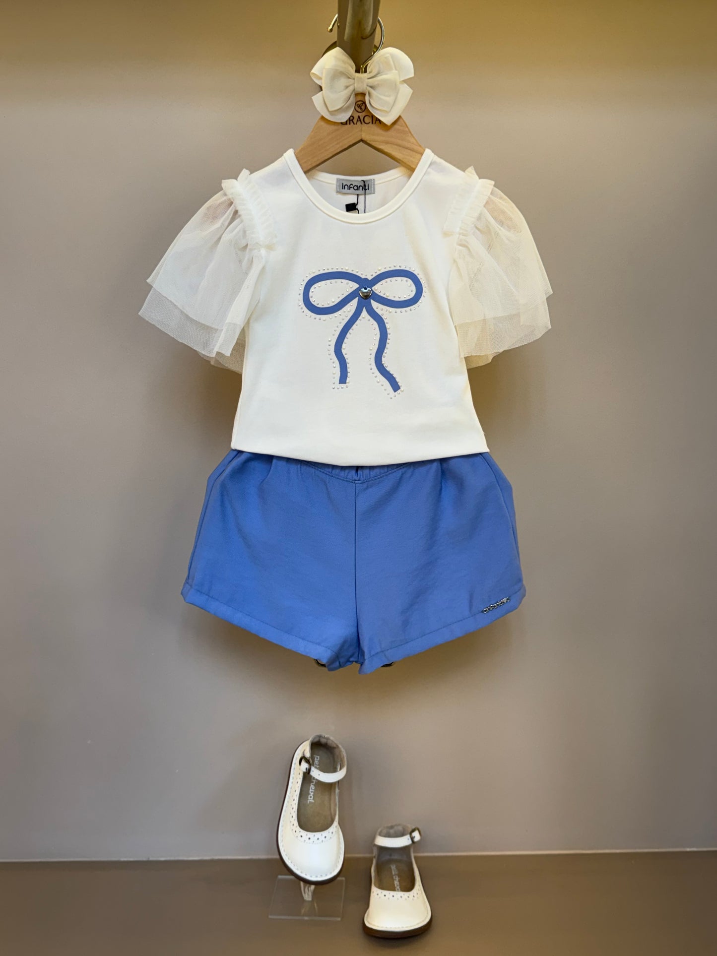 Conjunto Infantil Blusa Lacinho Manga Tule e Shorts Azul Médio - Infanti