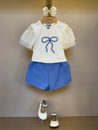 Conjunto Infantil Blusa Lacinho Manga Tule e Shorts Azul Médio - Infanti