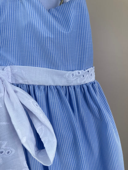Vestido Infantil Tricoline Azul Listrado Laço Com Limões e Barra Em Tule - Gabriela Aquarela