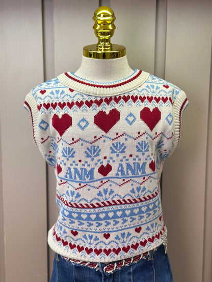 Conjunto Infantil Conceito Colete Tricot Corações e Shorts-saia Jeans Cós Bordado - Animê