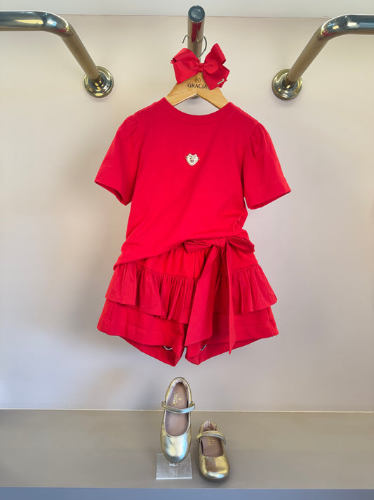 Conjunto Infantil Blusa Vermelho Shorts com Laço - Animê