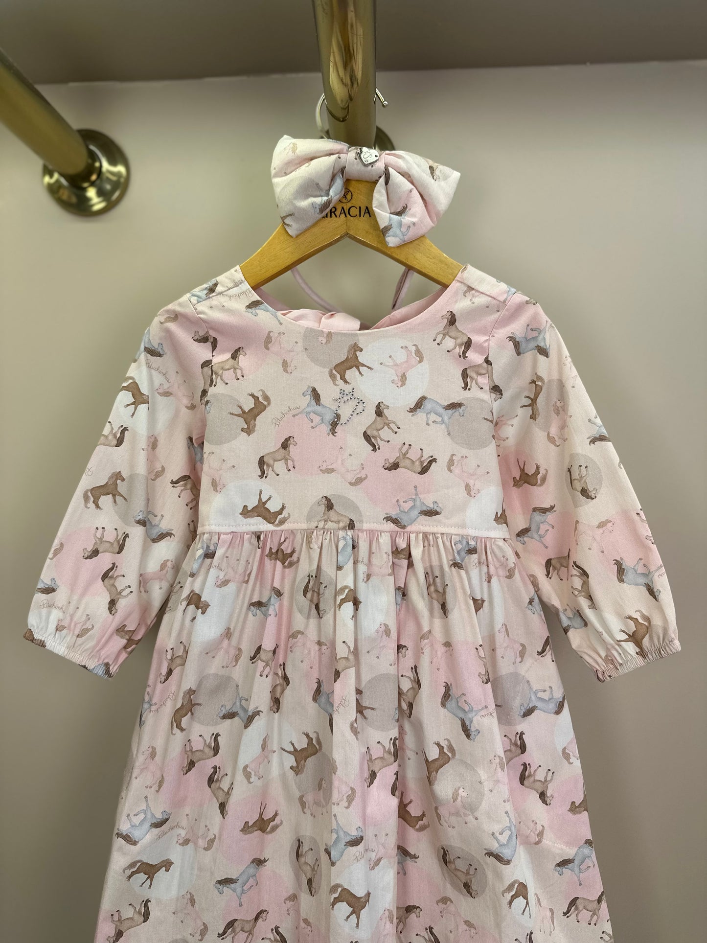 Vestido Infantil Algodão Estampa Cavalinhos e Poá Bolsos Rosa - Pituchinchus