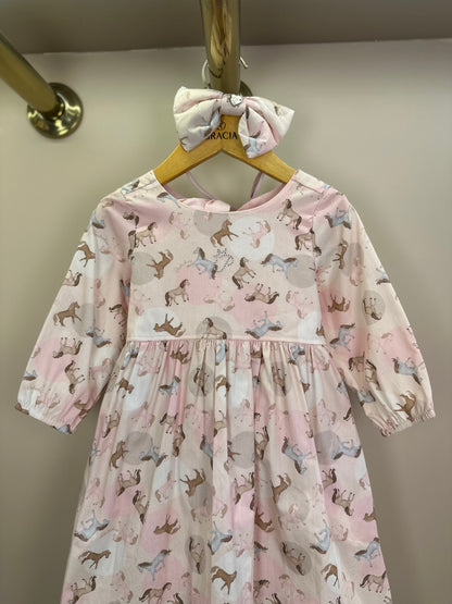 Vestido Infantil Algodão Estampa Cavalinhos e Poá Bolsos Rosa - Pituchinchus