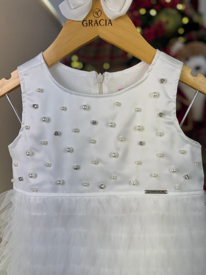 Vestido Infantil Festa Pérolas Tule Frufru Branco - Pituchinhus