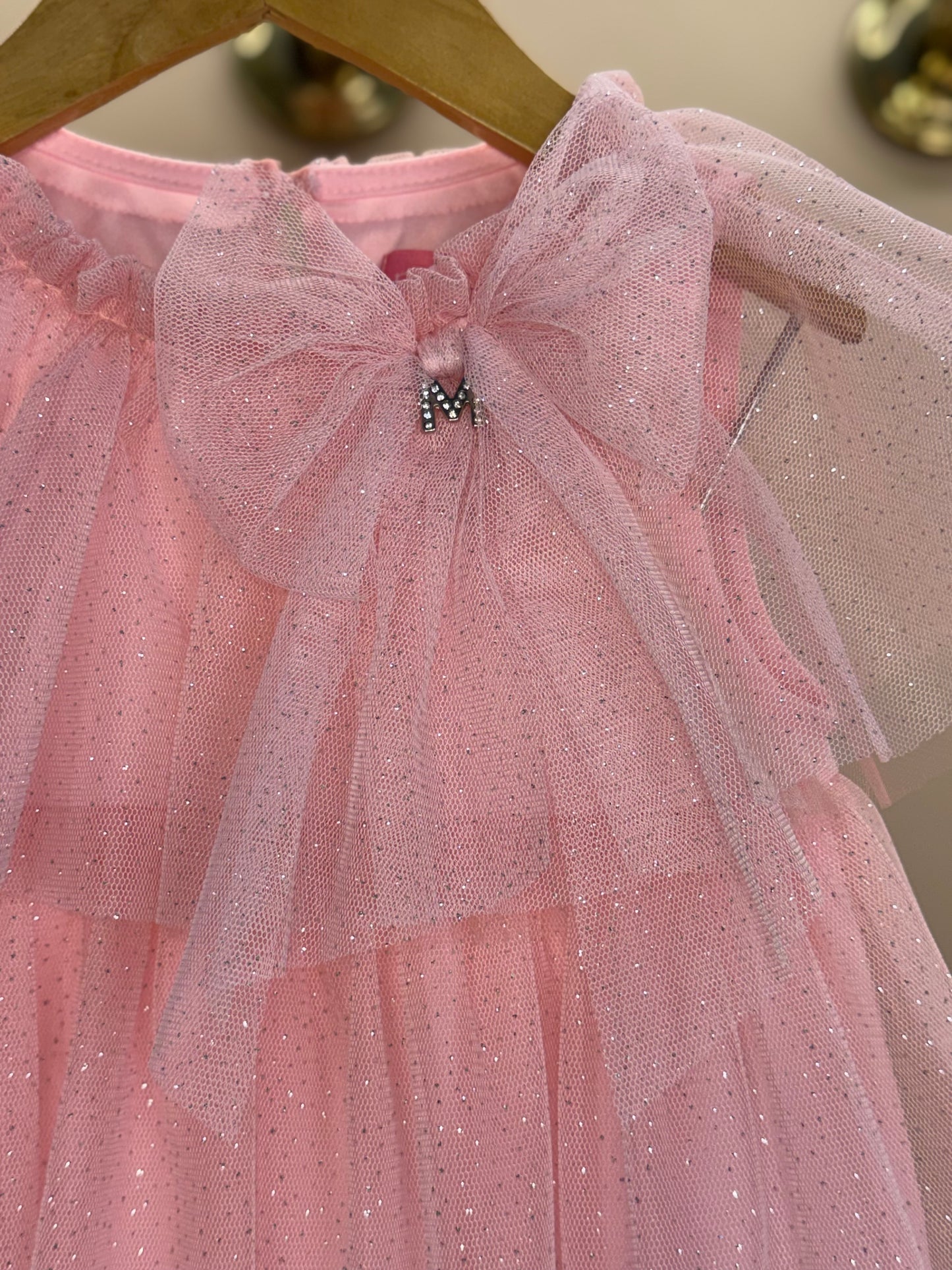 Vestido Infantil Tule Babados & Laço Rosa - Momi