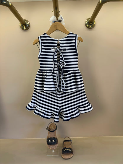 Conjunto Infantil Blusa Malha Listrada Com Amarração Nas Costas e Shorts Com Babadinho- Luluzinha