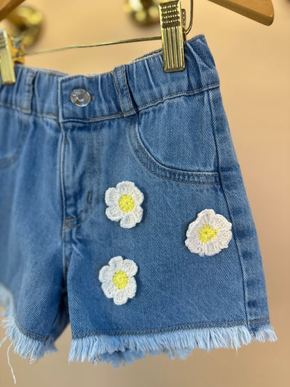 Conjunto Infantil Blusa Daisy Vestido Babadinho e Shorts Jeans Apliques Florzinhas - Momi