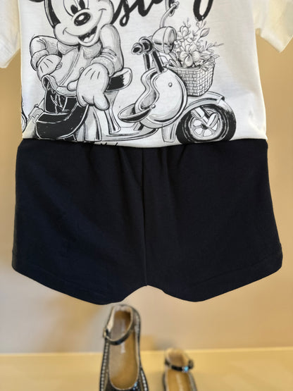 Conjunto Infantil Blusa Minnie Buquê & Mickey Pérola e Shorts Conceito Tweed Preto - Animê