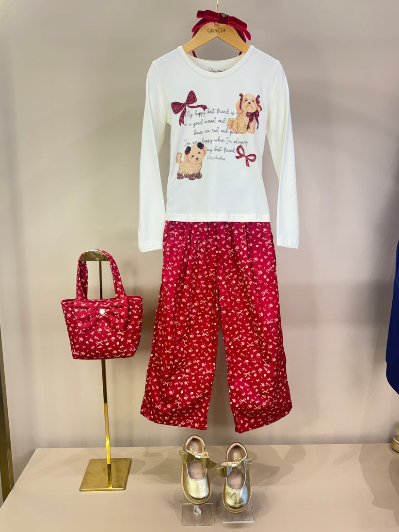 Calça Infantil Reta Mini Flores e Laços Bala de Cereja - Pituchinhus
