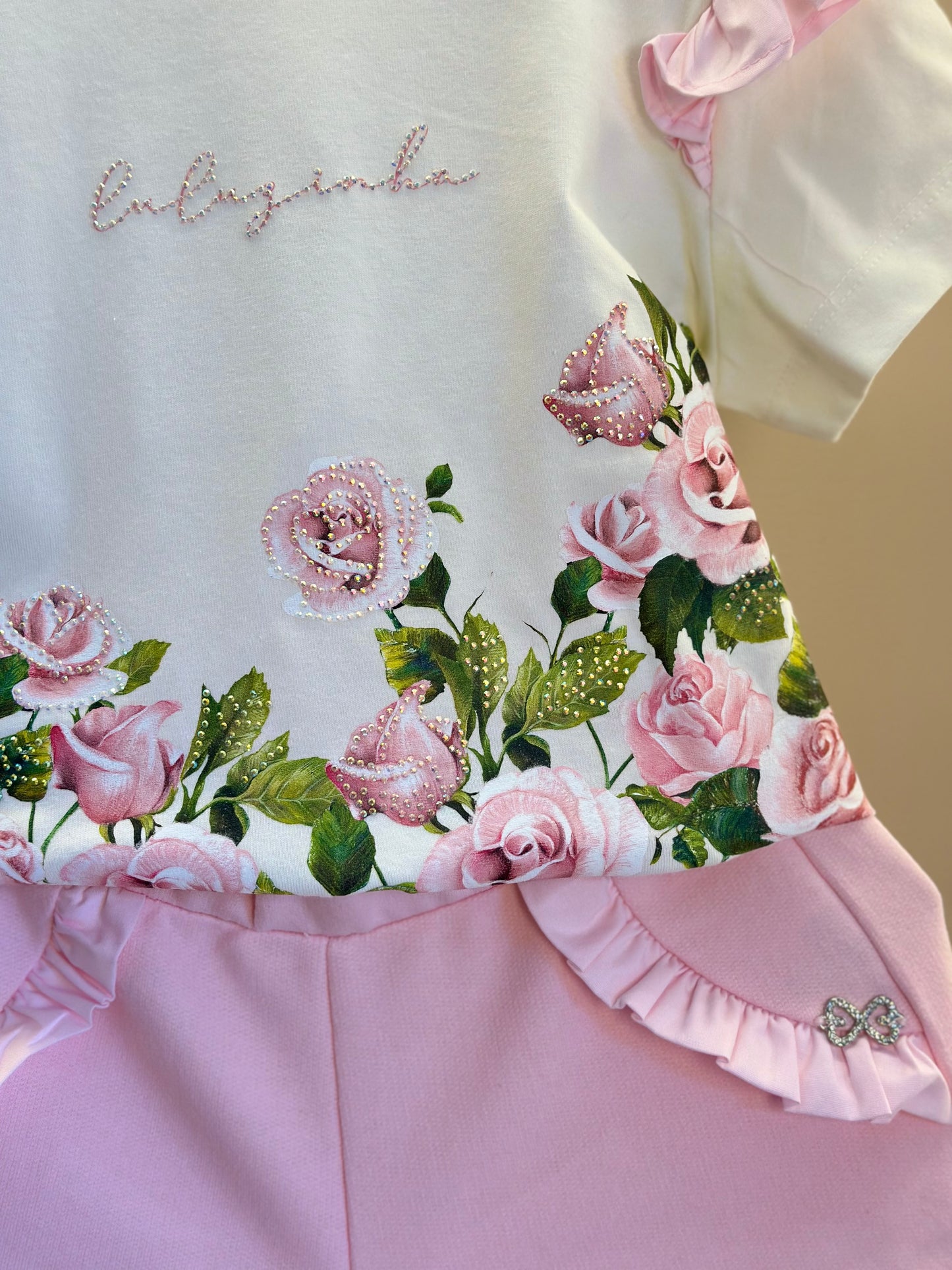 Conjunto Infantil Blusa Algodão Cotton Floral  Strass e Shorts Moletocotton Babadinho Rosa - Luluzinha