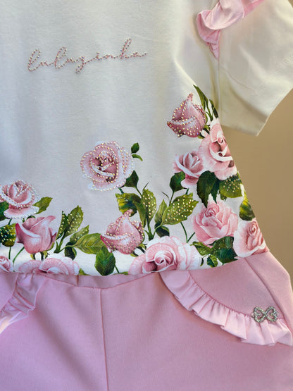 Conjunto Infantil Blusa Algodão Cotton Floral  Strass e Shorts Moletocotton Babadinho Rosa - Luluzinha