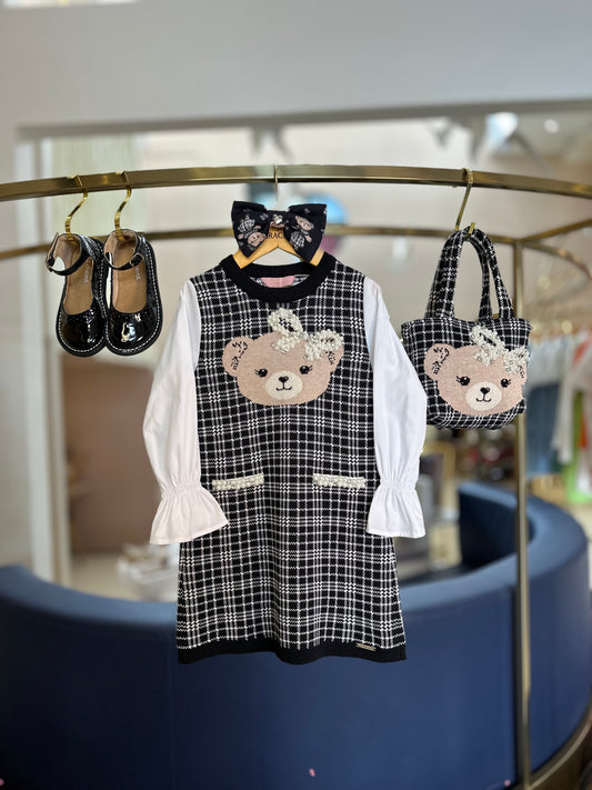 Vestido Infantil Tricot Xadrez Ursinho Mangas de Algodão - Pituchinhus