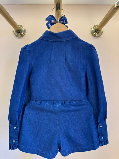 Conjunto Infantil Camisa Jeans Leve ML Gola Bordada Flores e Shorts-saia Jeans Bordada Flores - Luluzinha