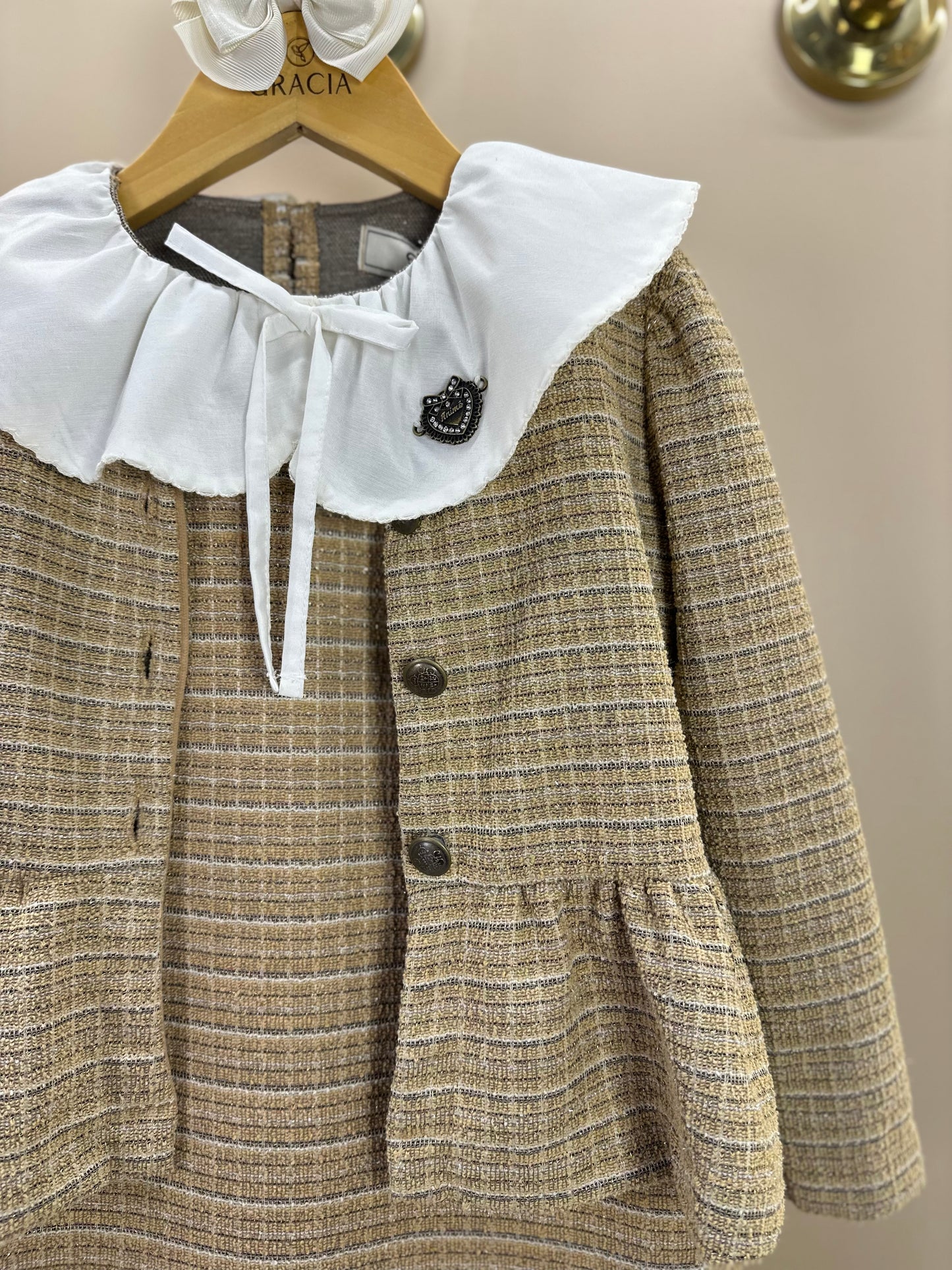 Vestido Infantil Manga Curta Tweed Xadrez Bege - Animê Petite